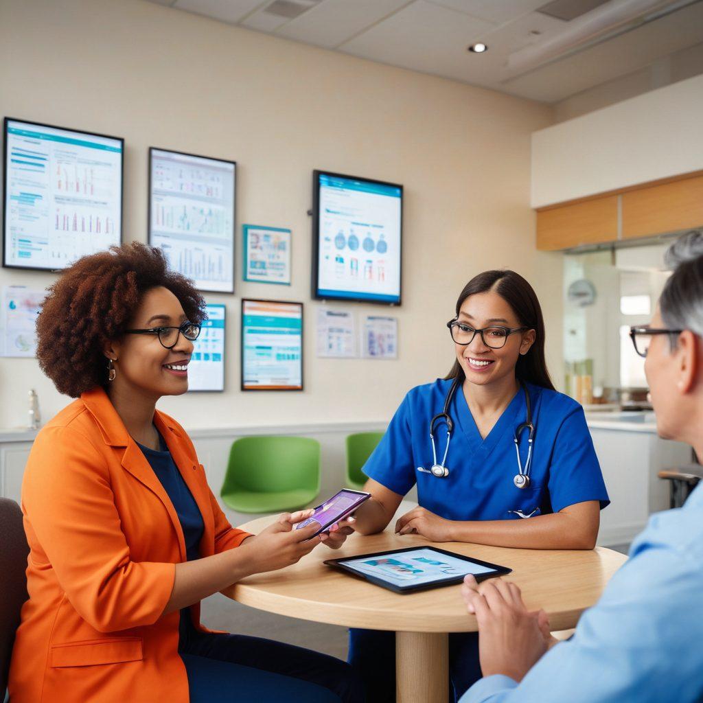 A diverse group of empowered patients discussing healthcare insights in a bright, welcoming clinic. Include a healthcare professional sharing preventive care tips using a digital tablet, with colorful charts and infographics around them. Emphasize a sense of community and collaboration, with warm lighting and a fresh, modern interior. super-realistic. vibrant colors. soft focus.
