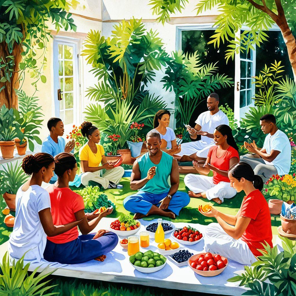 A vibrant, uplifting scene depicting diverse individuals practicing self-care, such as meditating, cooking healthy meals, and exercising outdoors. Include symbols of wellness like green plants, fresh fruits, and sunlight creating an energizing ambiance. Add subtle medical elements like a stethoscope or heart monitor in the background, representing healthcare. Bright and cheerful colors enhance a sense of empowerment and health. watercolor painting. vibrant colors.