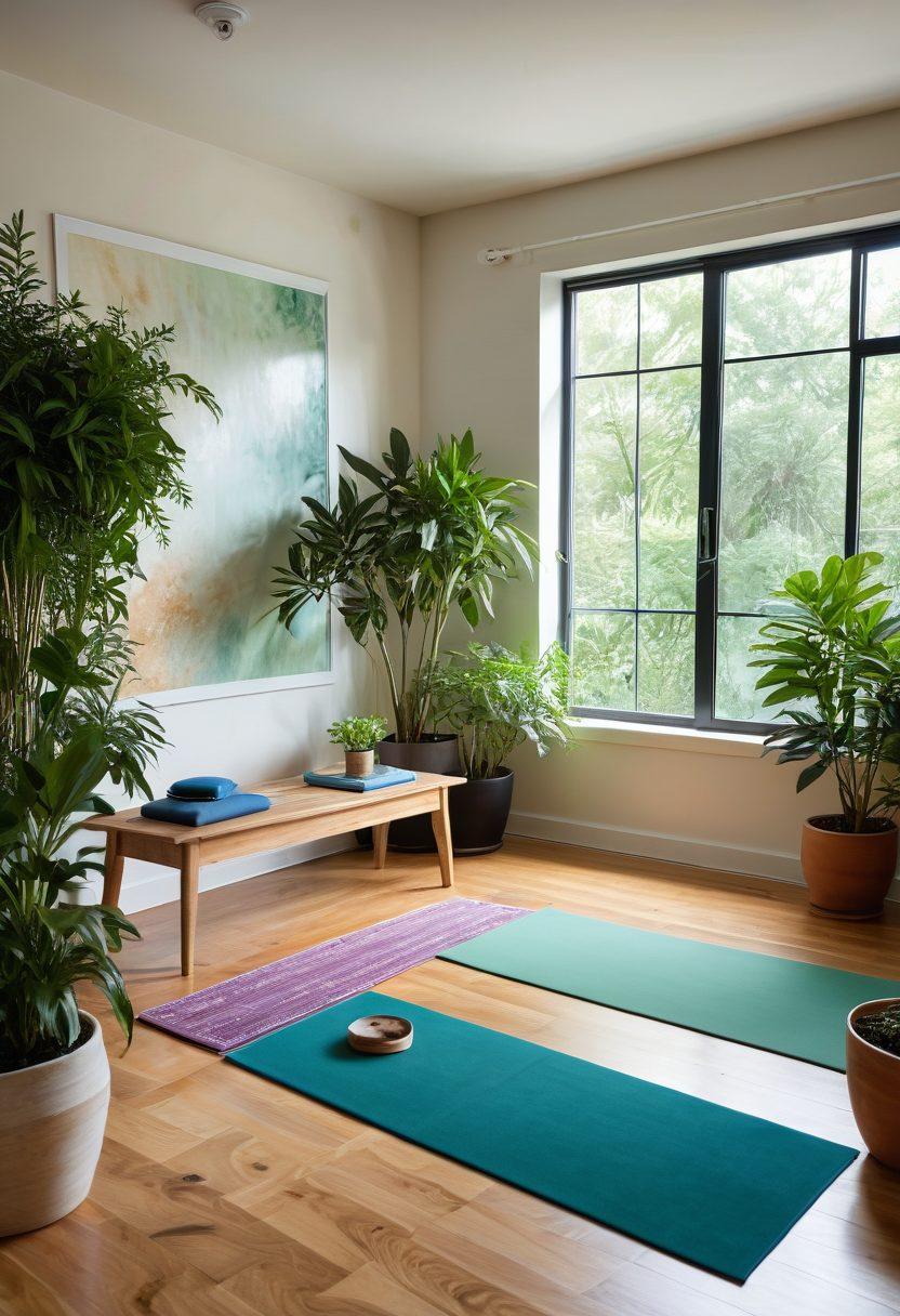 A serene and inviting wellness space featuring a diverse group of people practicing mindfulness together, with plants and natural light creating a harmonious atmosphere. Include images of holistic tools like essential oils, herbs, and yoga mats, symbolizing transformation and education. Bright, uplifting colors and a sense of tranquility to enhance the theme of wellness. super-realistic. vibrant colors. soft focus.